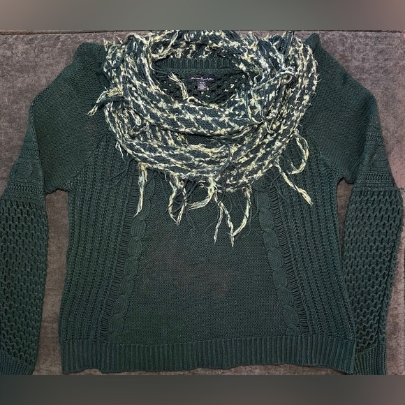 American Eagle Open Mixed Knit Cable Sweater, Green, Sz XL - WITH SCARF - Picture 1 of 10